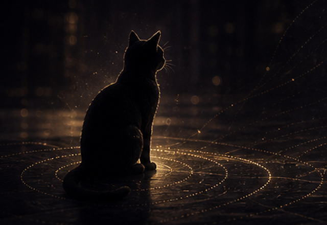 A full black cat sitting on a glowing path, showing the way forward